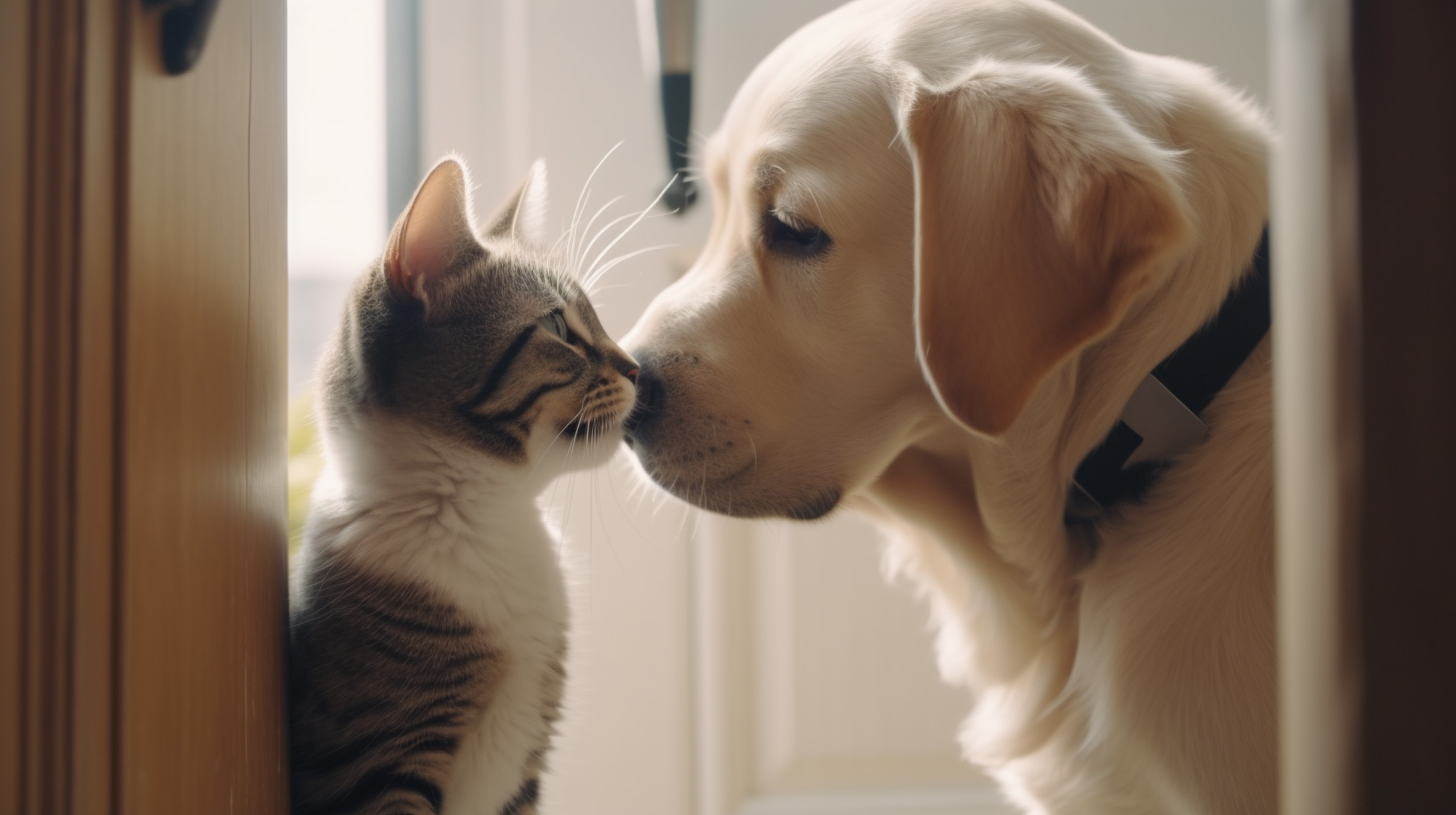 A puppy and kitten sniffing eachother