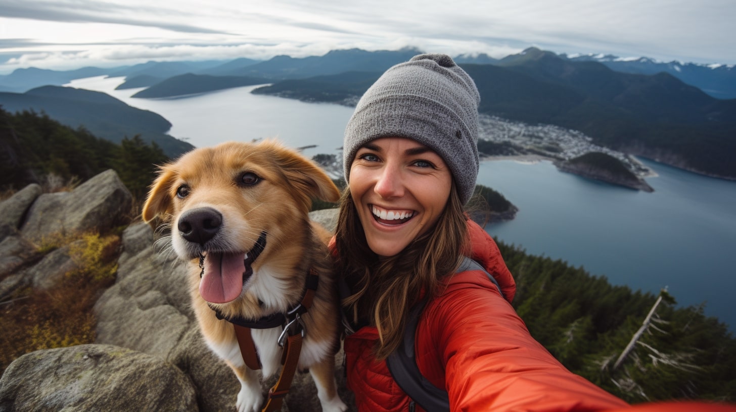 Happy dog and owner selfie on mountain top