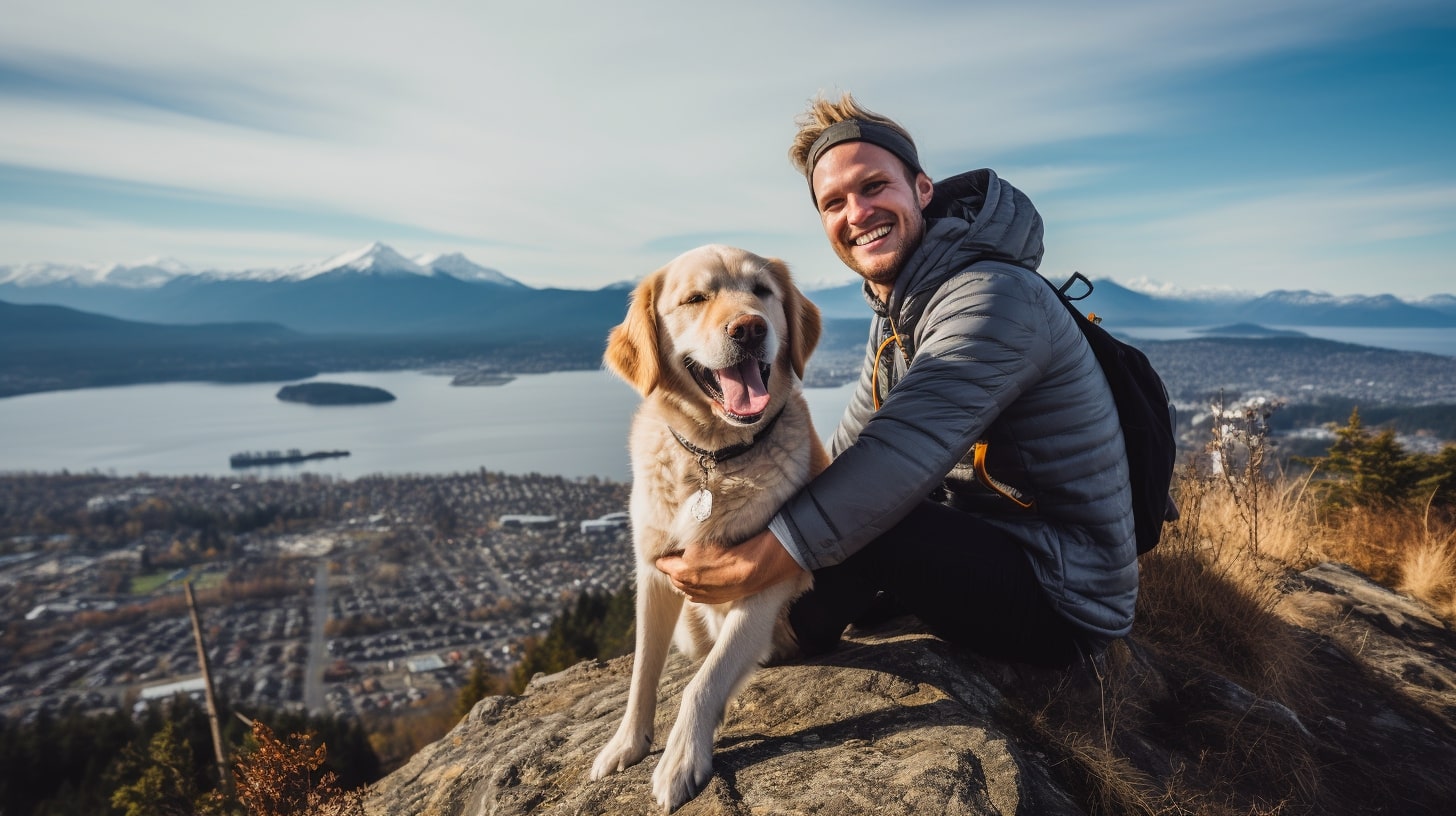 Man and dog on top of hike trail overlooking Vancouver
