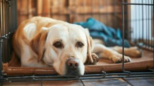 Dog in cheap boarding cage