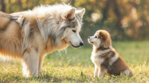 A puppy saying hello to larger dog