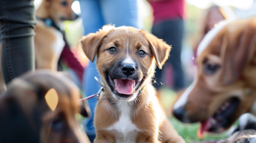 puppy with beige coat panting among other dogs