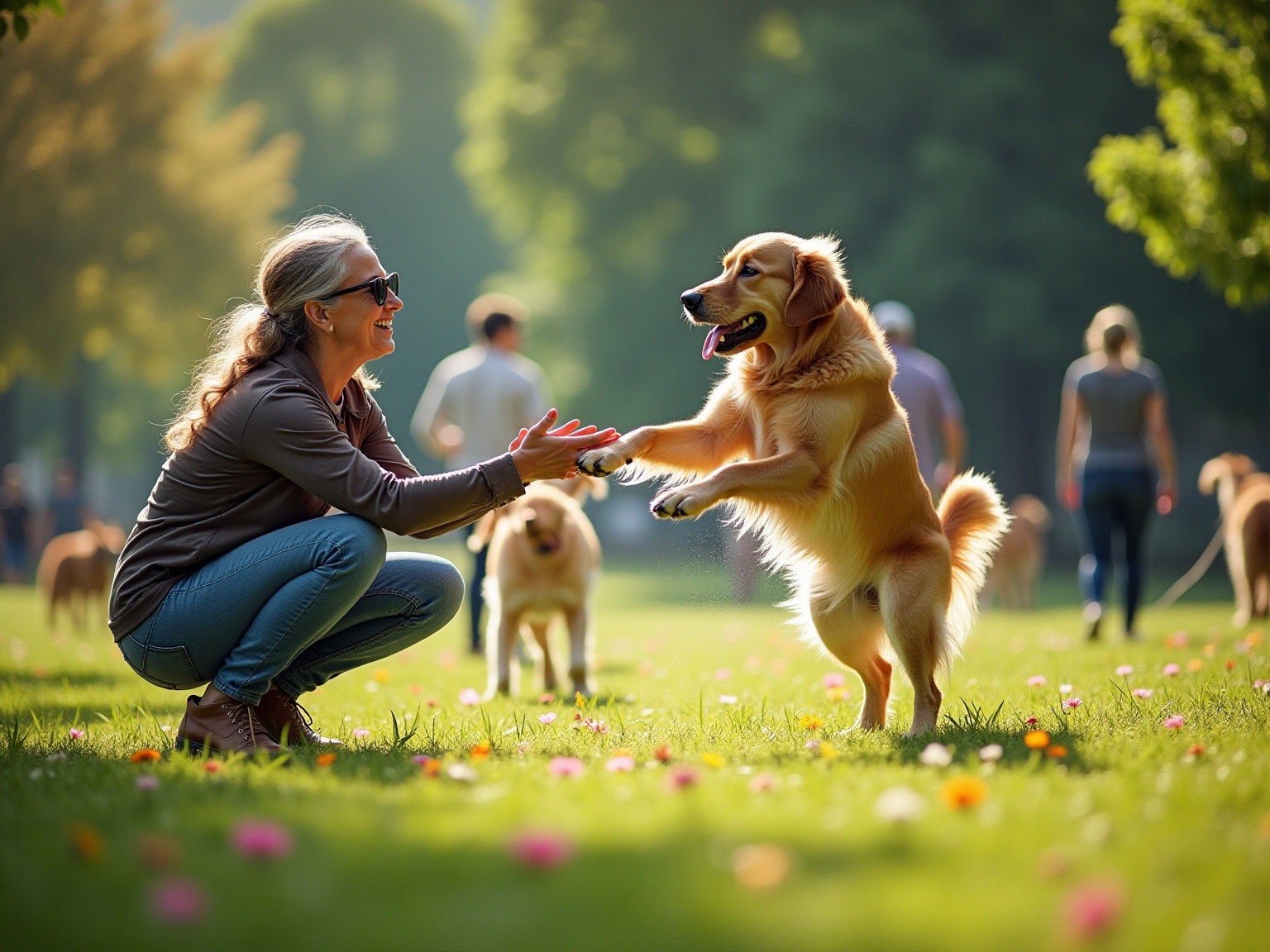 a golden retriever is playing with an older woman who is crouching