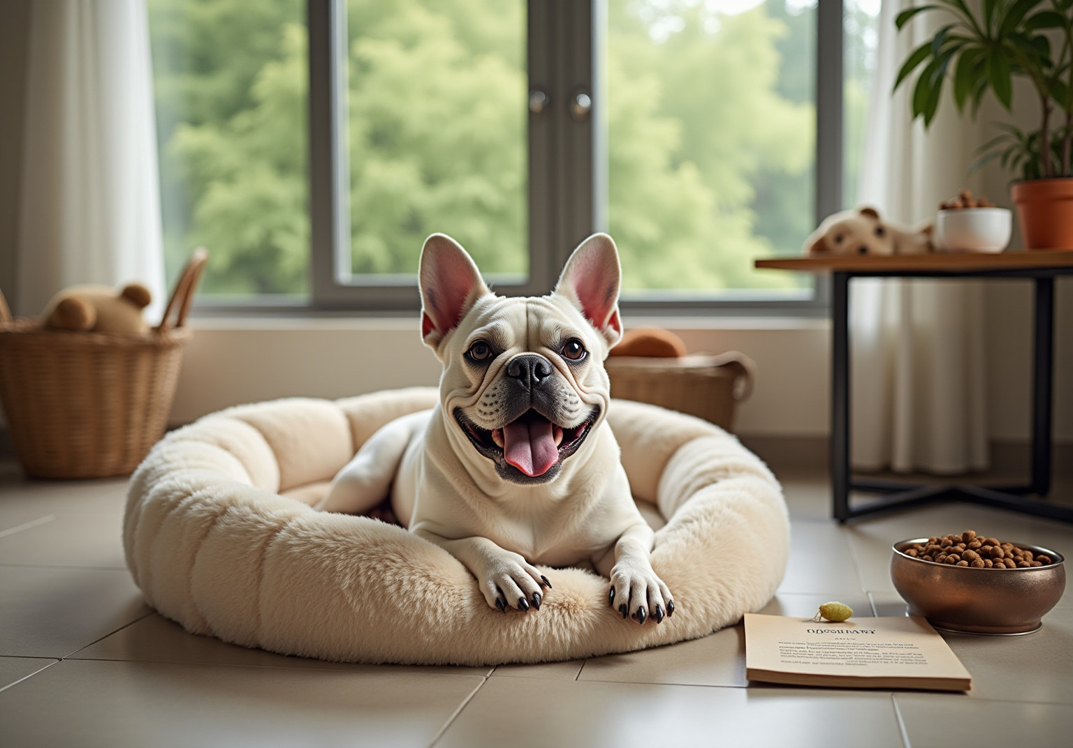 Bulldog in a dog bed