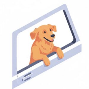 icon of a dog leaning out of car window, tongue hanging out and ears flapping in the breeze