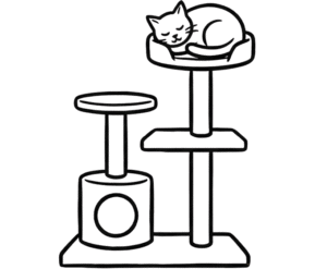 A line drawing of a cat sleeping at the top of a cat tree