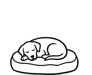 A line drawing of a dog sleeping on a comfy dog bed